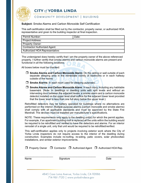 First page of the Smoke Alarms and Carbon Monoxide Self Certification
