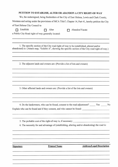 First page of the Petition to Establish, Alter, or Abandon a City Right-of-Way