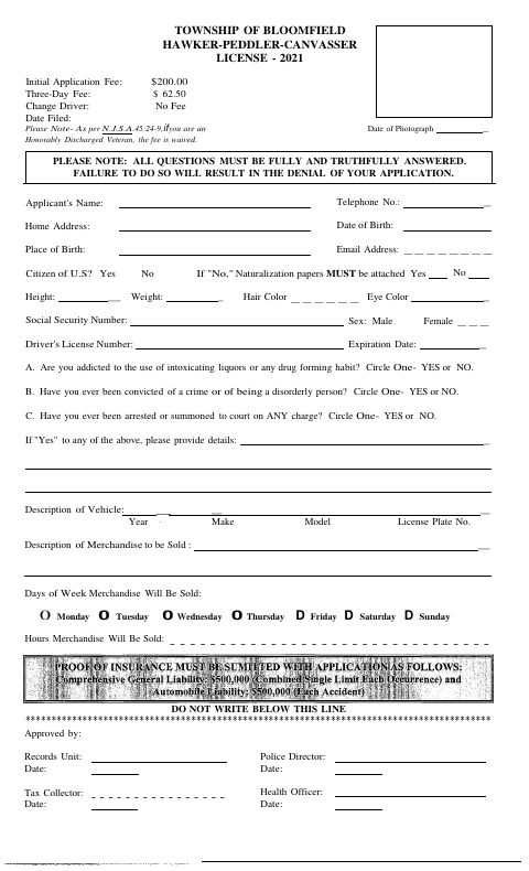 First page of the Hawker-Peddler-Canvasser License Application