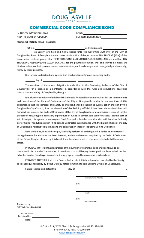 First page of the Commercial Code Compliance Bond
