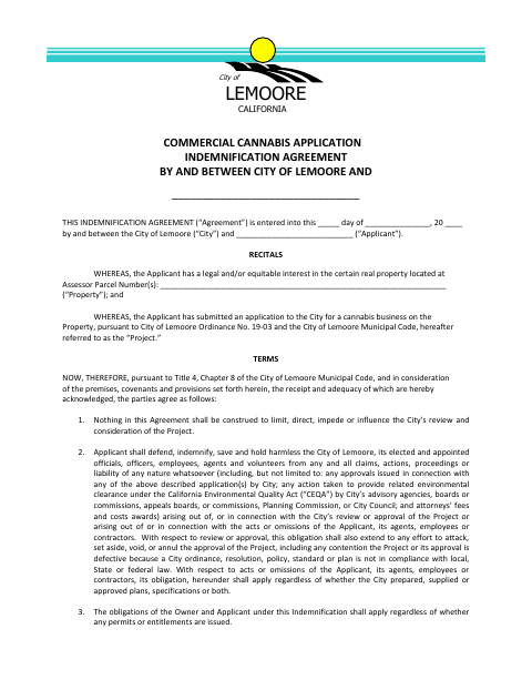 First page of the Commercial Cannabis Application Indemnification Agreement