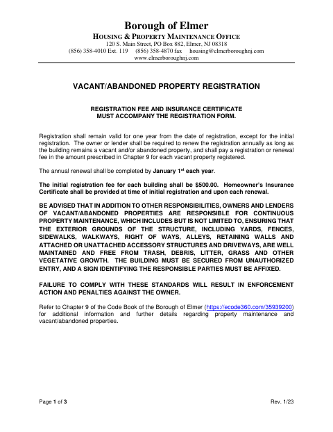 First page of the Vacant/Abandoned Property Registration