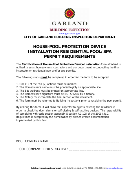 First page of the House-Pool Protection Device Installation Certification