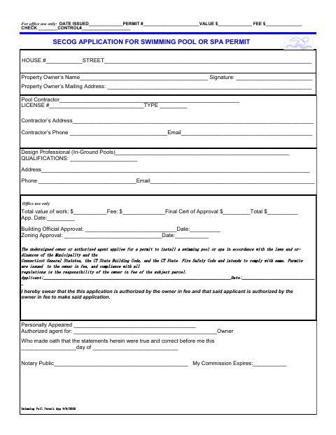First page of the Swimming Pool or Spa Permit Application