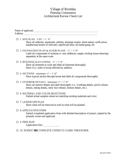 First page of the Planning Commission Architectural Review Check List