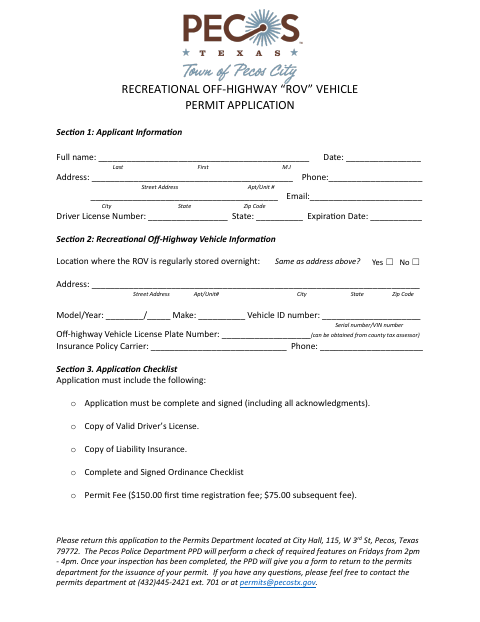First page of the Recreational Off-Highway ROV Vehicle Permit Application