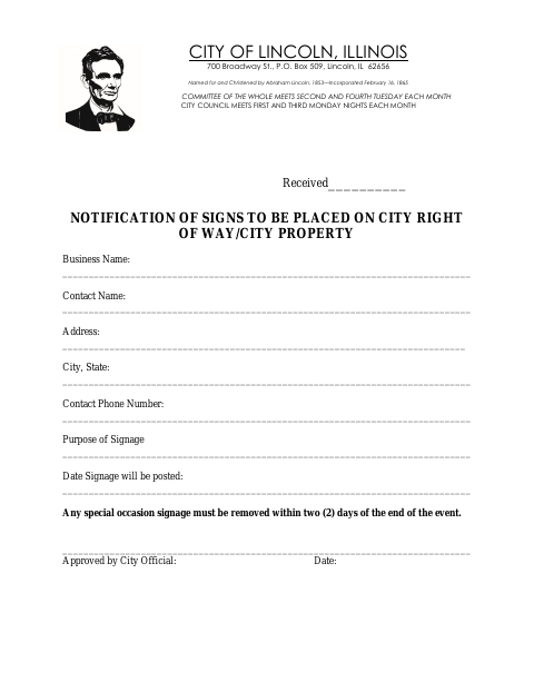 First page of the Notification of Signs to Be Placed on City Right of Way or City Property