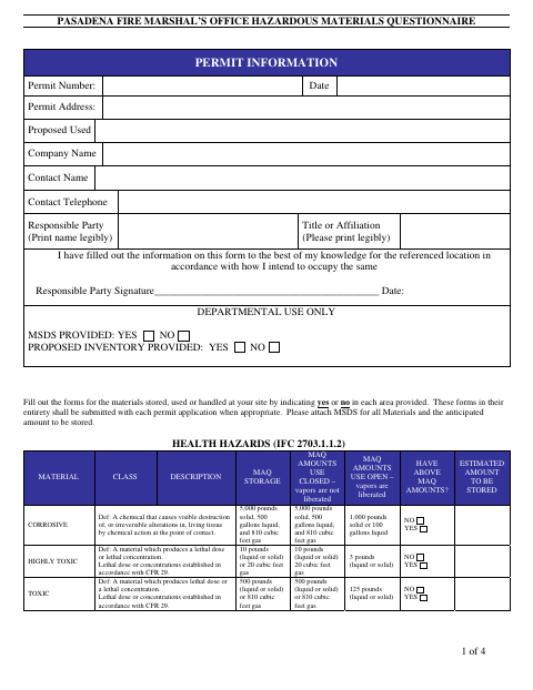 First page of the Hazardous Materials Questionnaire