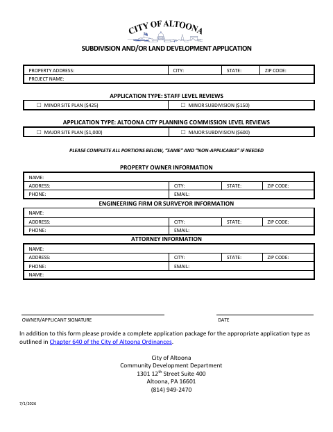 First page of the Subdivision and Land Development Application