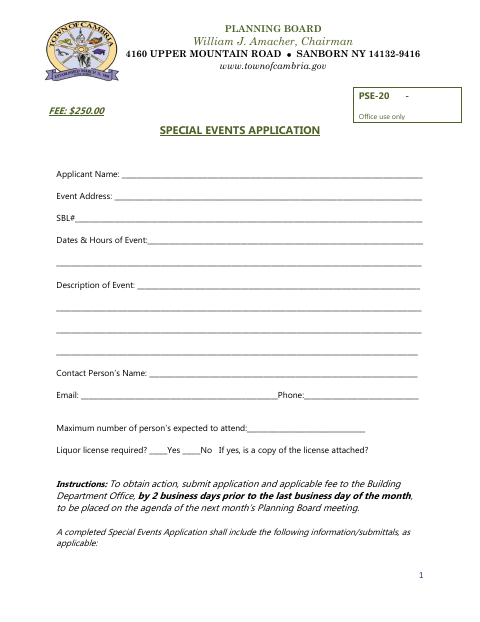 First page of the Special Events Application