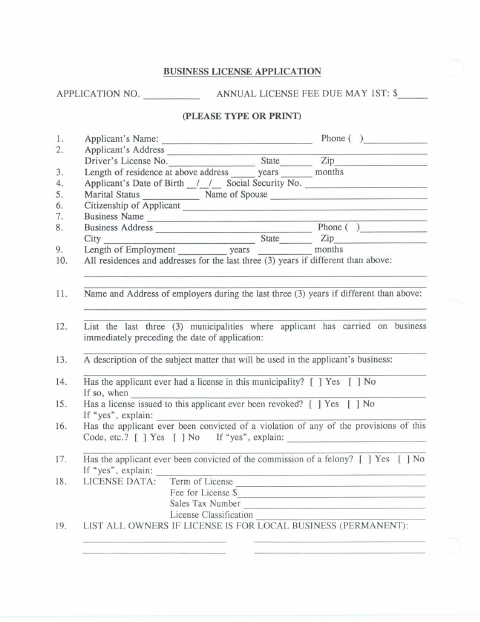 First page of the Business License Application