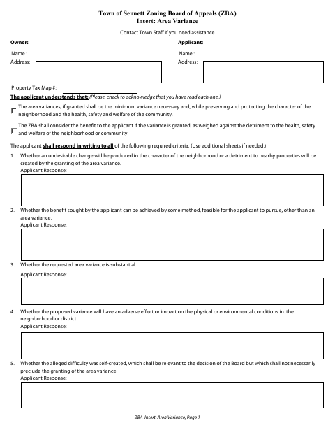 First page of the ZBA Insert: Area Variance
