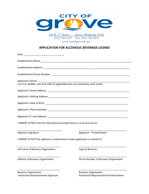 First page of the Alcoholic Beverage Establishment License Application