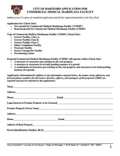 First page of the Medical Marijuana Business License Application