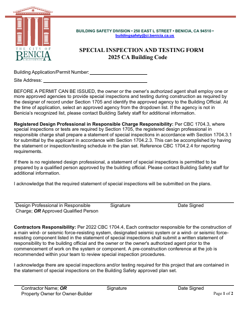 First page of the Special Inspection and Testing Form