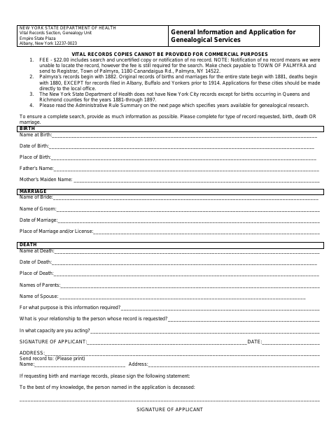 First page of the General Information and Application for Genealogical Services