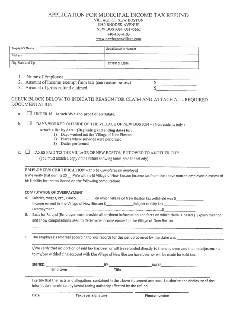 First page of the Municipal Income Tax Refund Application