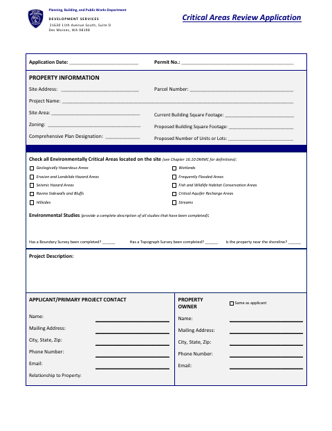 First page of the Critical Areas Review Application
