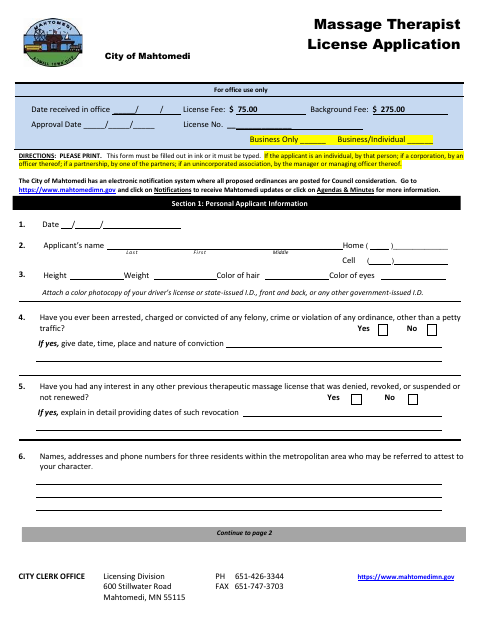 First page of the Massage Therapist License Application