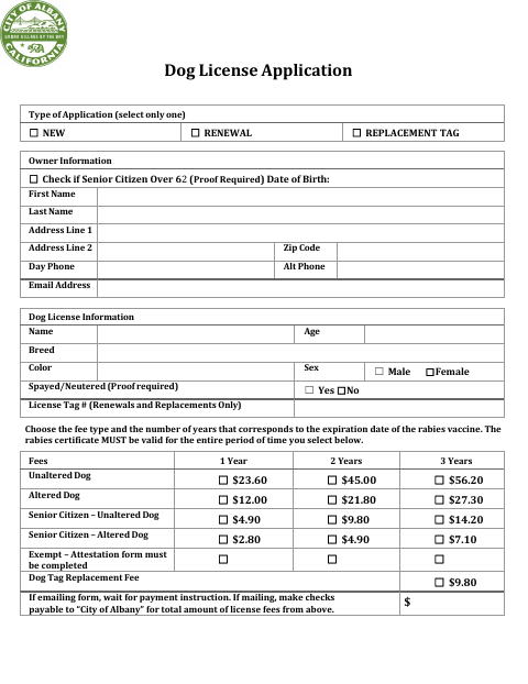 First page of the Dog License Application