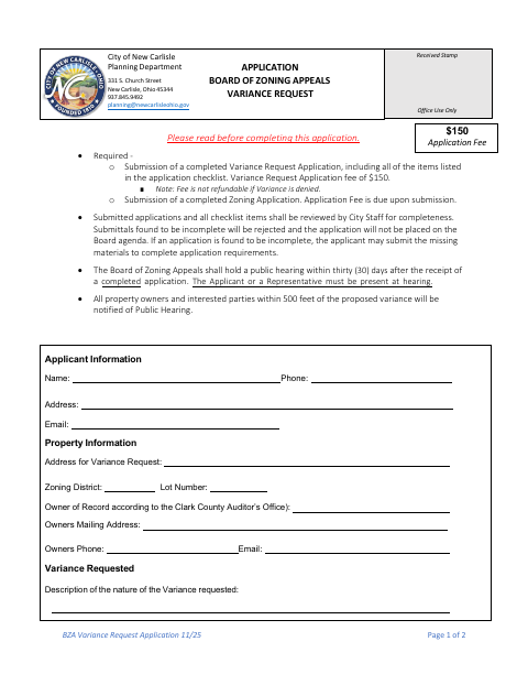 First page of the BZA Variance Request Application