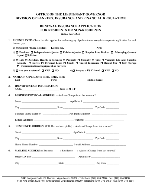 First page of the Renewal Insurance Application for Residents or Non-Residents (Individual)