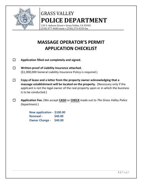 First page of the Application for Massage Operator’s Permit