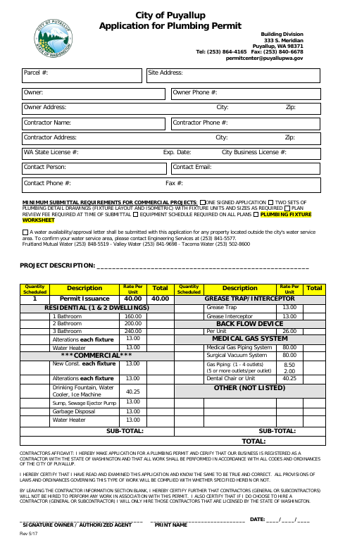 First page of the Application for Plumbing Permit