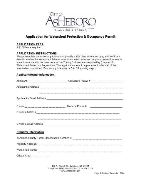 First page of the Watershed Protection and Occupancy Permit Application