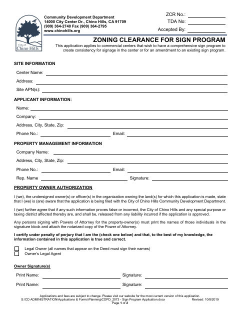First page of the Zoning Clearance for Sign Program