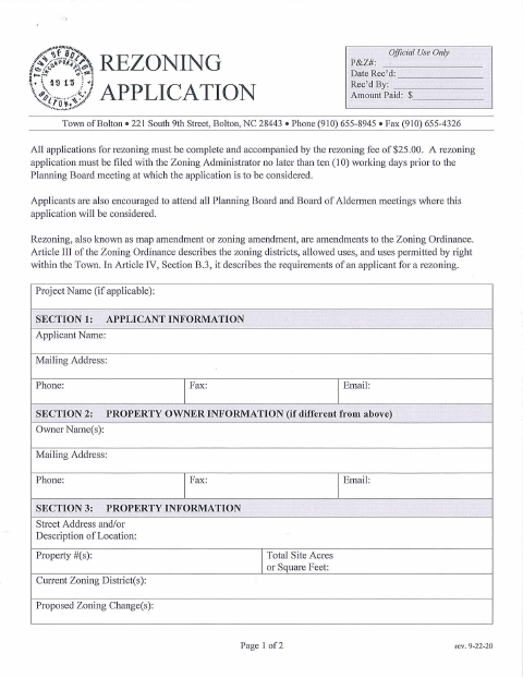 First page of the Rezoning Application