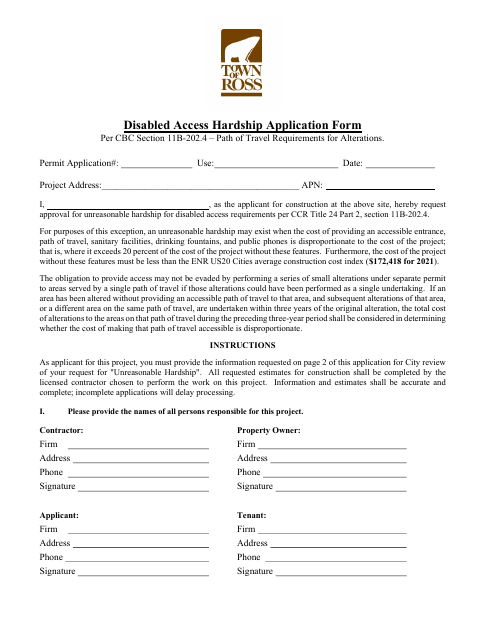 First page of the Disabled Access Hardship Application Form