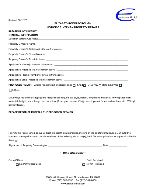 First page of the Notice of Intent – Property Repairs