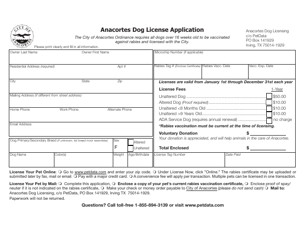 First page of the Anacortes Dog License Application