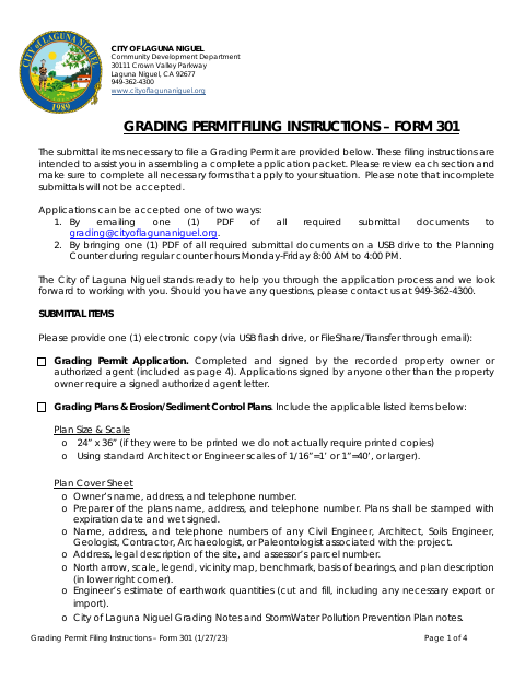 First page of the Grading Permit Application – Form 301