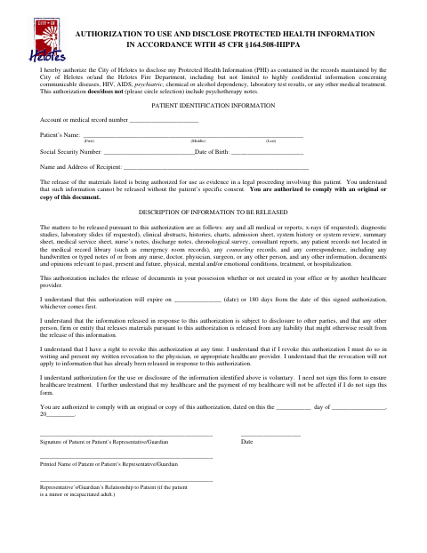 First page of the Authorization to Use and Disclose Protected Health Information