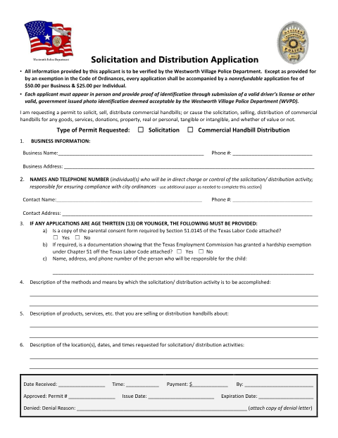 First page of the Solicitation Distribution Permit Application