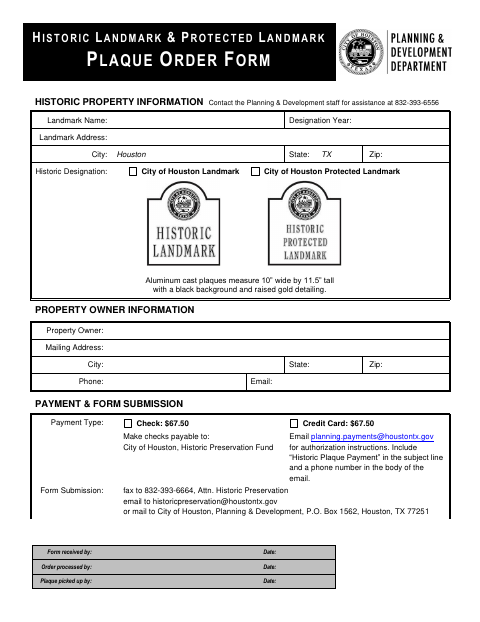First page of the Historic Landmark & Protected Landmark Plaque Order Form