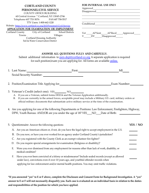 First page of the Application for Examination or Employment