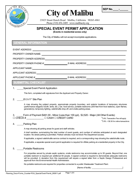 First page of the Special Event Permit Application