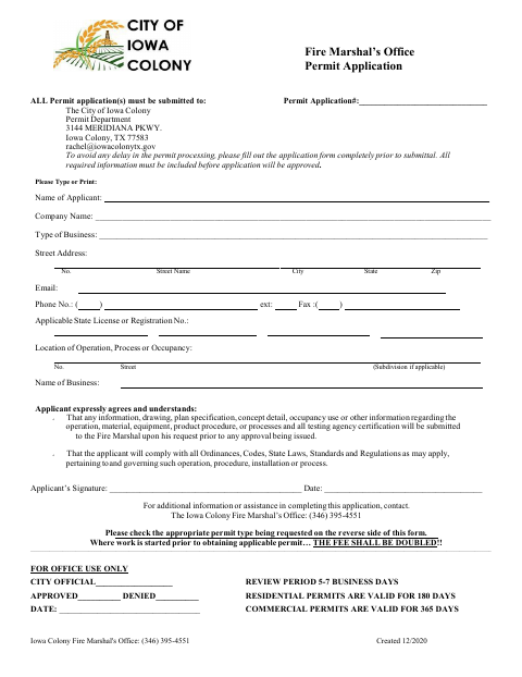 First page of the Fire Marshal’s Office Permit Application