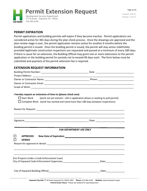 First page of the Permit Extension Request