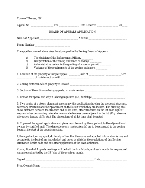 First page of the Board of Appeals Application