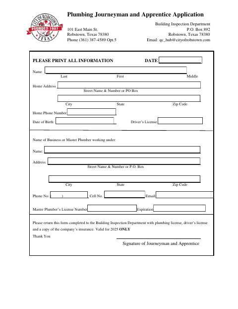 First page of the Plumbing Journeyman and Apprentice Application