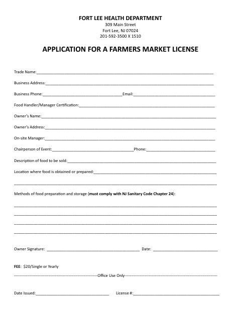 First page of the Application for a Farmers Market License