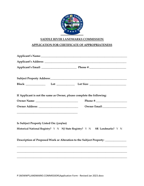 First page of the Application for Certificate of Appropriateness