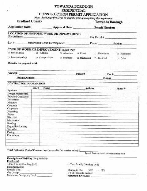 First page of the Residential Building Permit Application