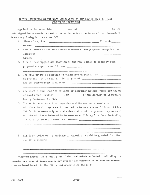 First page of the Zoning Hearing Variance Application