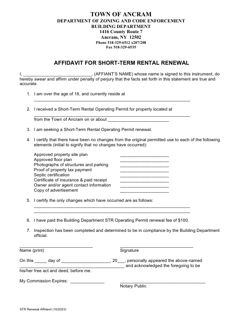 First page of the Affidavit for Short-Term Rental Renewal