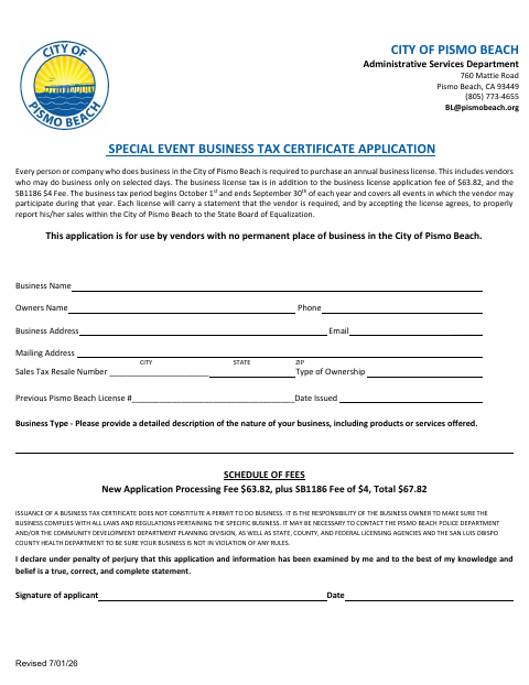 First page of the Special Event Business Tax Certificate Application